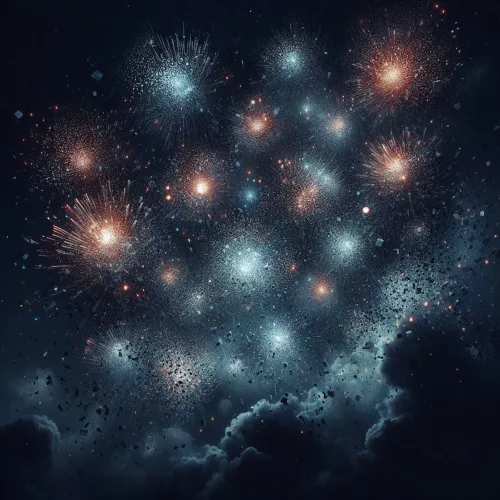 Auf diesem Foto ist ein animiertes Feuerwerk in einem dunklen Himmel mit Wolken abgebildet