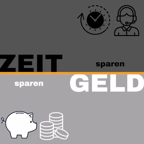 Auf dieser Grafik ist ist ein Sparschwein mit Geld und eine Person mit Headset und einer Uhr abgebildet. Außerdem steht auf dem Foto "Zeit sparen" und "Geld sparen"