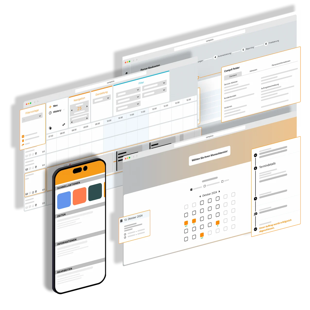 Illustration der COMP4-Softwareoberfläche mit Auftragsübersicht, Feeder, Endkundenportal und App