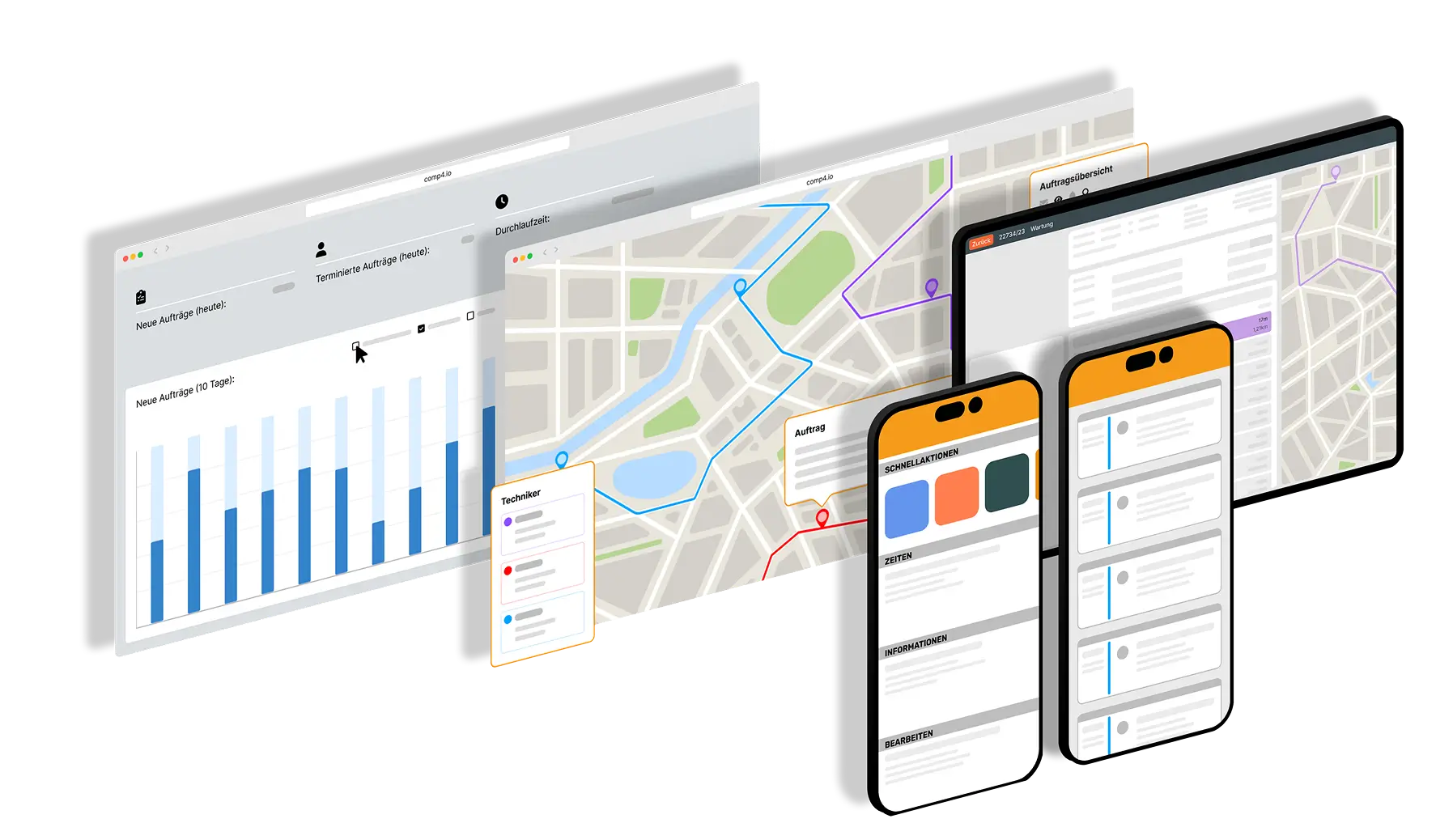 Illustration mehrerer Benutzeroberflächen auf Desktop- und Smartphone-Bildschirmen mit Diagrammen, Karten und App-Ansichten