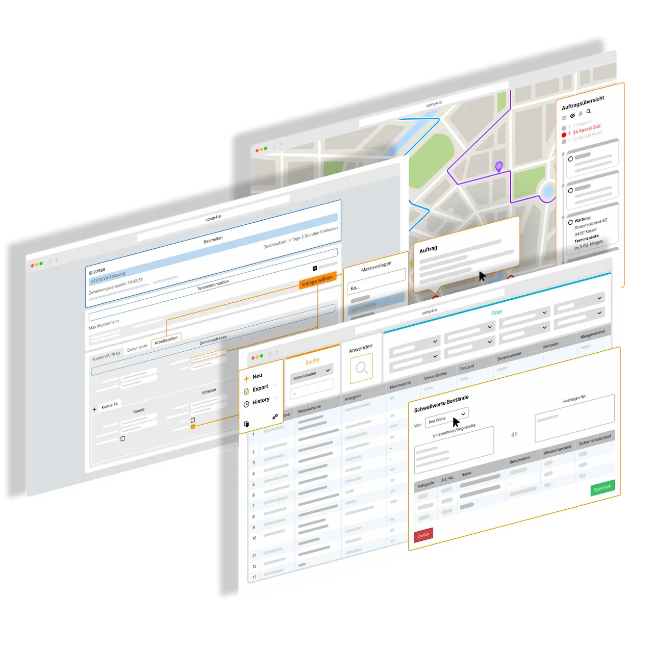 Illustration der COMP4-Softwareoberfläche mit Auftragsübersicht, Kartenansicht, Eingabemasken und Filterfunktionen