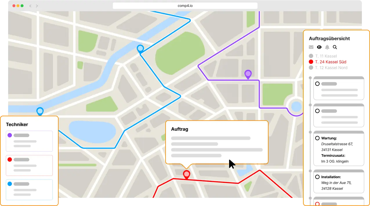 Dies ist eine minimalistische UI-Darstellung der Routenoptimierungs-Funktion von COMP4. Zu sehen ist eine Karte mit drei Routen.