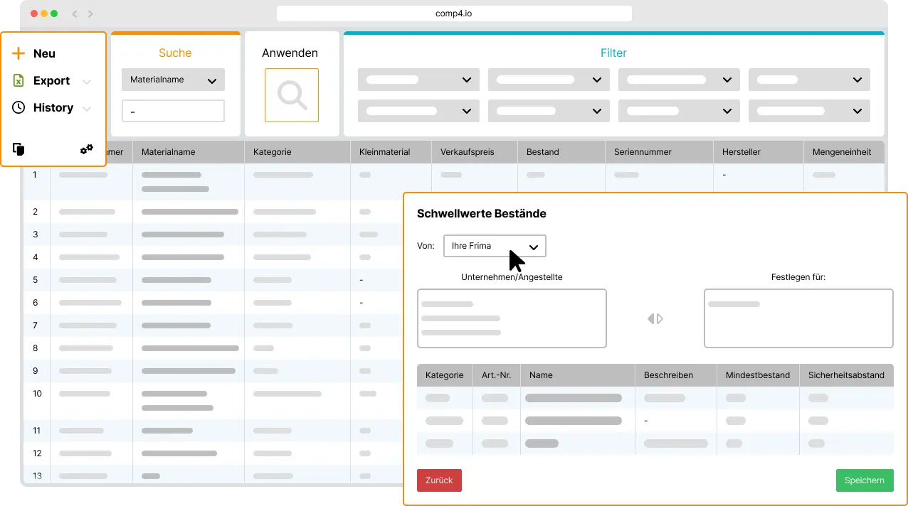 Eine minimale UI-Darstellung der Materialverwaltungs- Funktion aus COMP4.