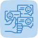 Dies ist ein Icon, welches Sprechblasen mit lächelnden Smileys und einen Daumen nach oben zeigt.