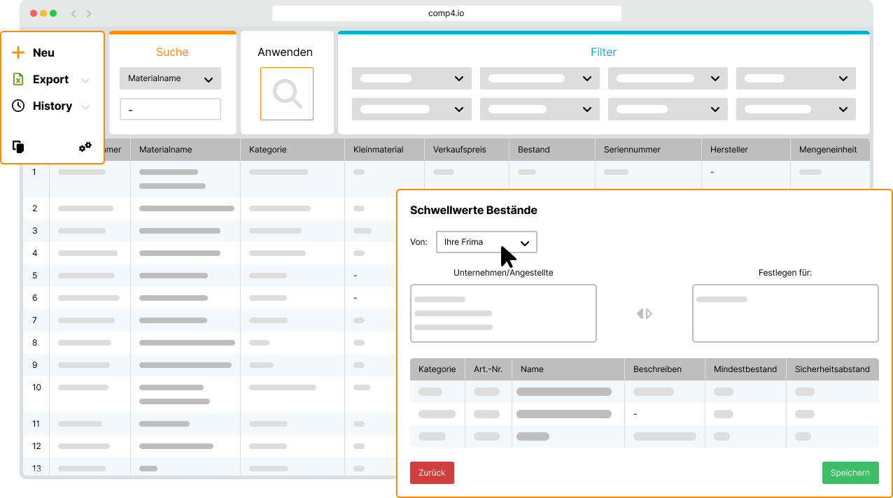 Eine minimale UI-Darstellung der Materialverwaltungs- Funktion aus COMP4.