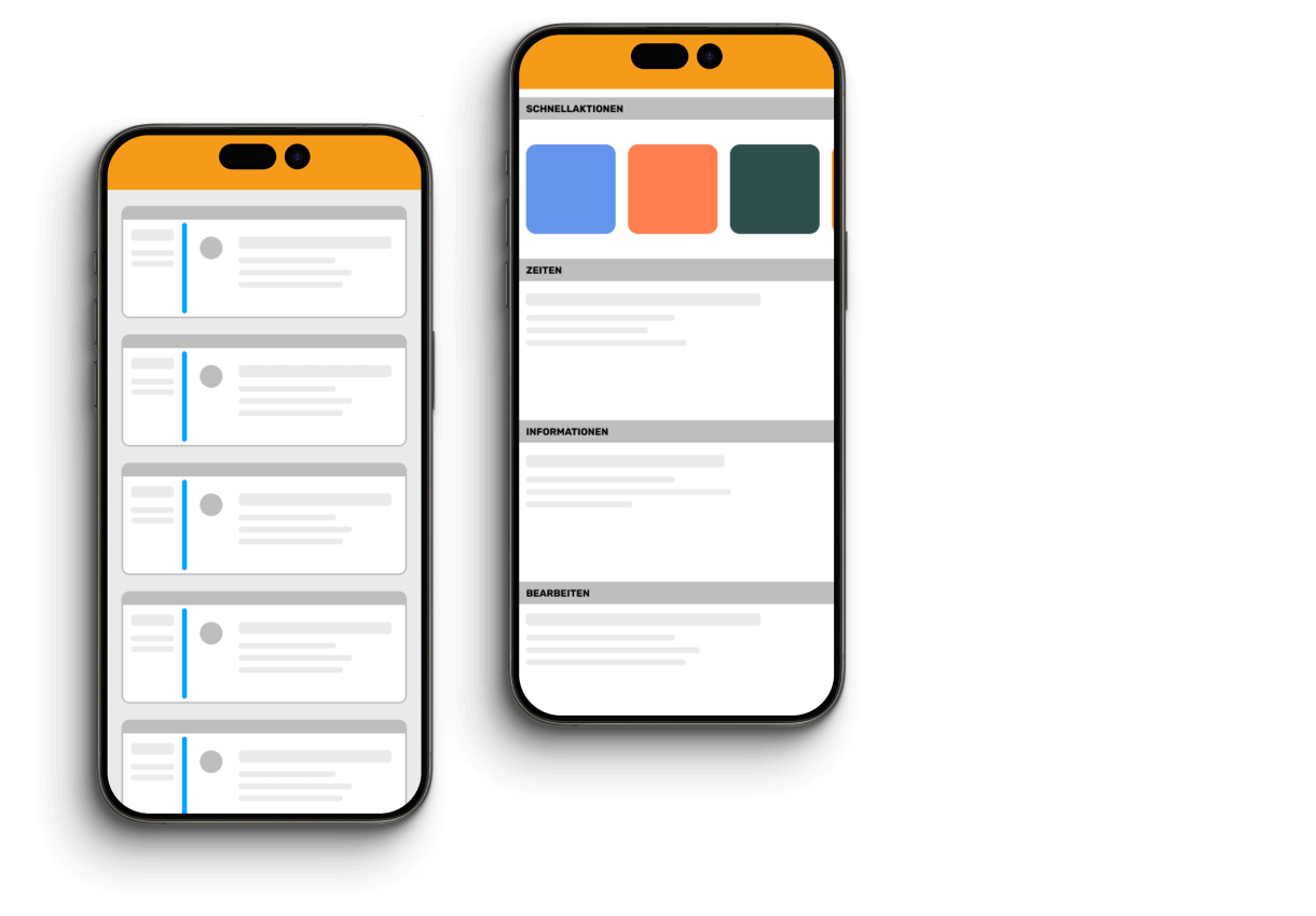 Dies ist eine minimalistische UI-Darstellung von der COMP4 App, welche die Auftragsübersicht und Auftragsinformationen abbildet